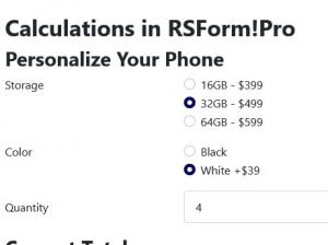 Frontend example of form using the RSForm!Pro calculations feature.