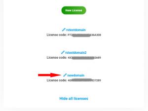 The new registered domain and license code will be available under 'View all licenses'