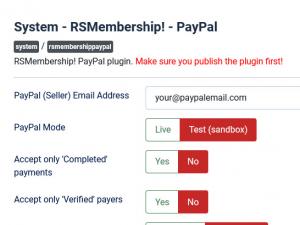 RSMembership! PayPal v1 plugin configuration