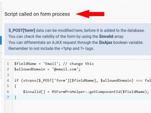 PHP Script Called on Form Process to allow a particular email domain to submit the form