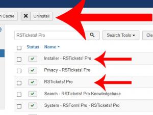 Select RSTickets!Pro component and installer plugin and click Uninstall