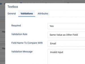In the second email field, select the 'Same Value as Other Field' validation rule