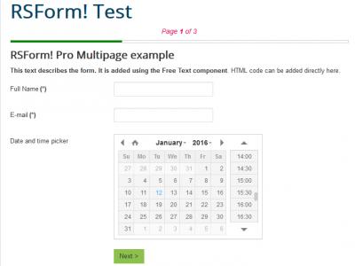 RSForm!Pro 1.51.2 Date and time picker frontend