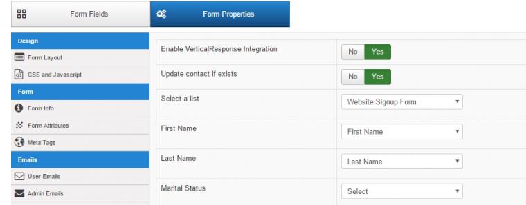 RSForm!Pro Vertical Response Plugin configuration page