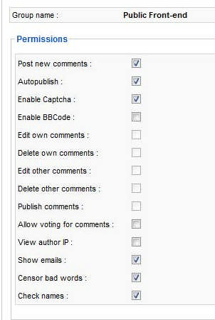 RSComments! user groups settings - Joomla! backend view