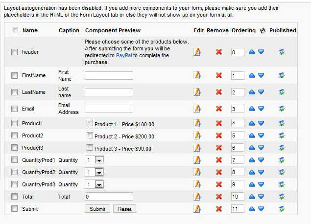 RSForm!Pro Manage forms tab- Joomla! backend view