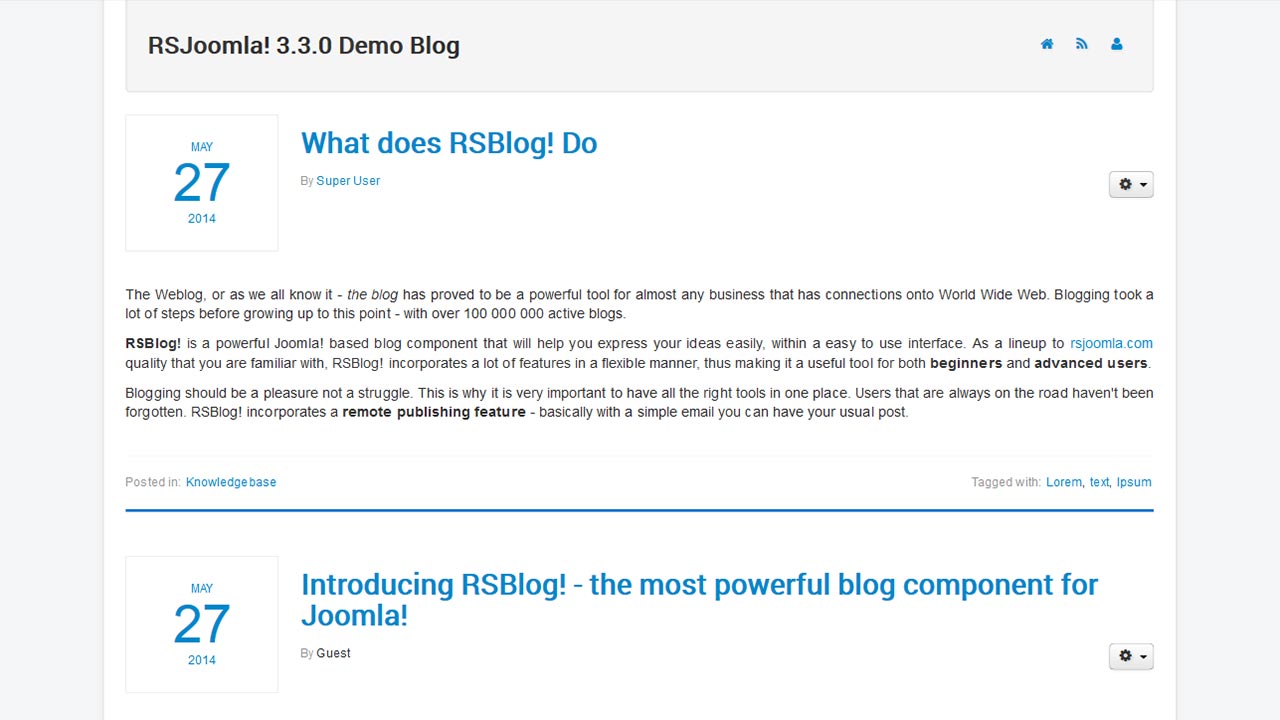 Blog view of the Joomla blog extension from RSJoomla