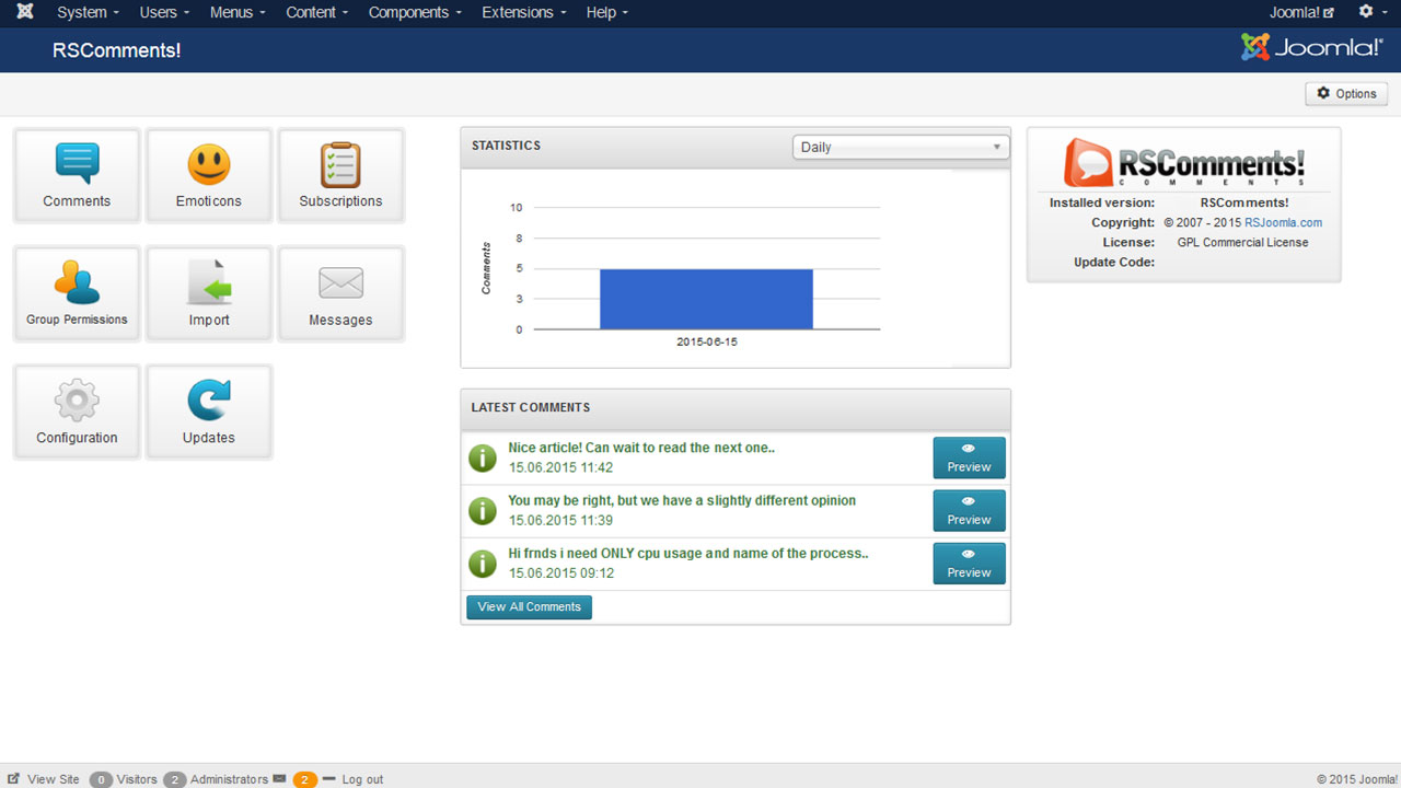 Dashboard view of Joomla comment system from RSJoomla