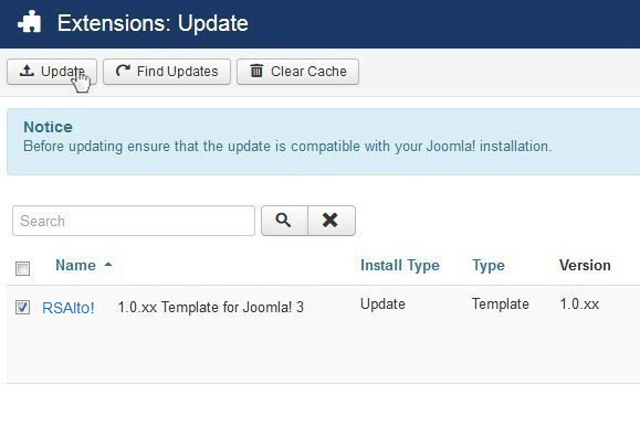 Select RSAlto! 1.0.xx Template for Joomla! 3 and Update