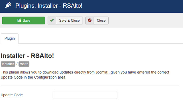 Insert your license code to Installer Plugin RSAlto!