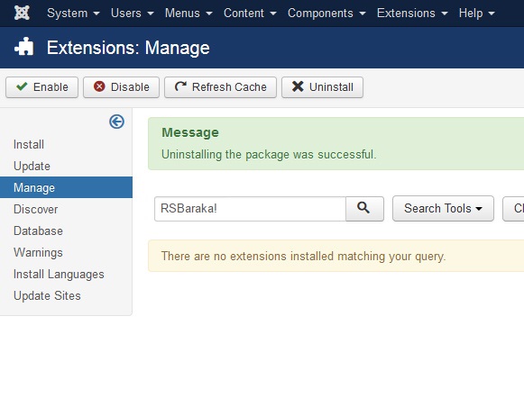 Uninstalling RSBaraka! - Select RSBaraka! Package and click uninstall