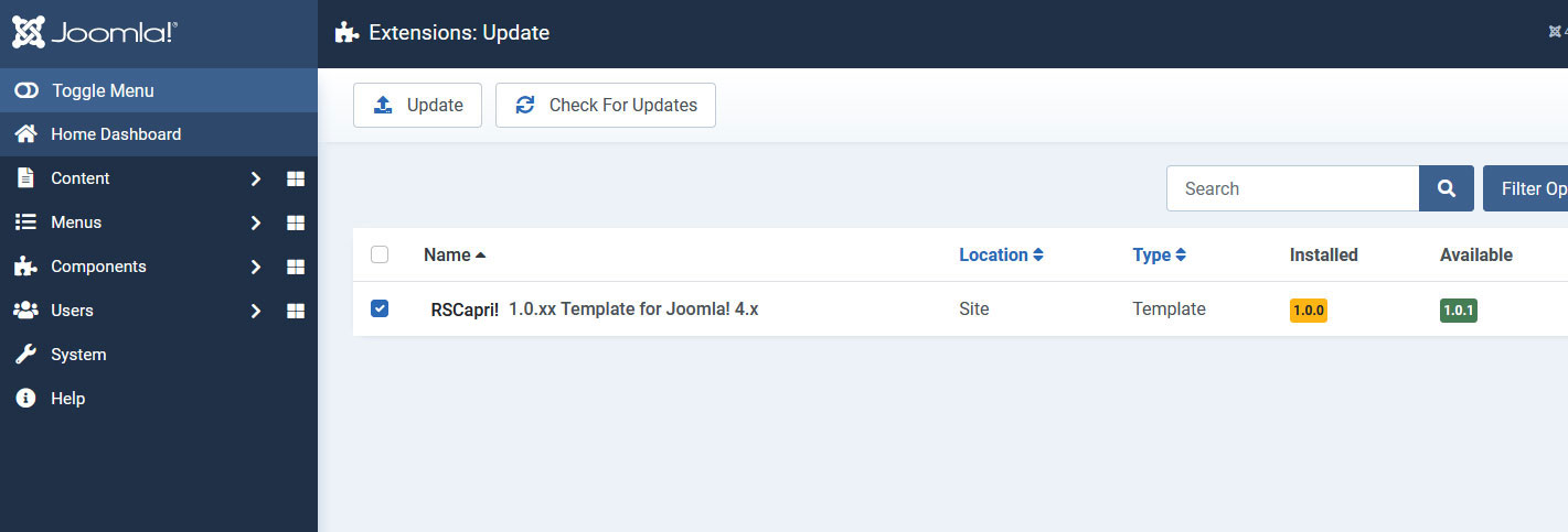 Select RSCapri! 1.0.xx Template for Joomla! 3 and Update