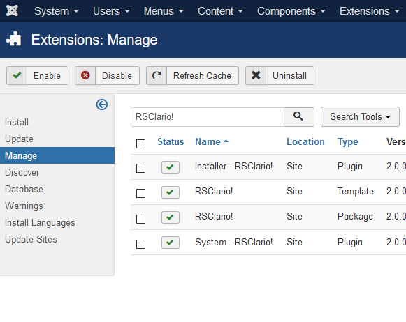 Uninstalling RSClario! - Select RSClario! Package and click uninstall