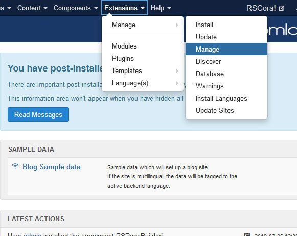 Uninstalling RSCora! - Go to Extensions > Manage