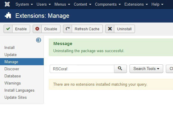 Uninstalling RSCora! - Select RSCora! Package and click uninstall