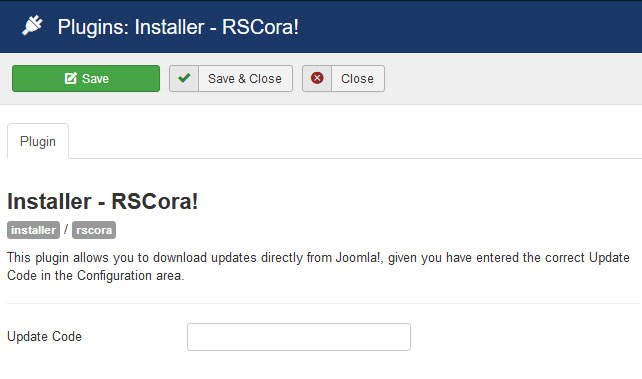 Insert your license code to Installer Plugin RSCora!