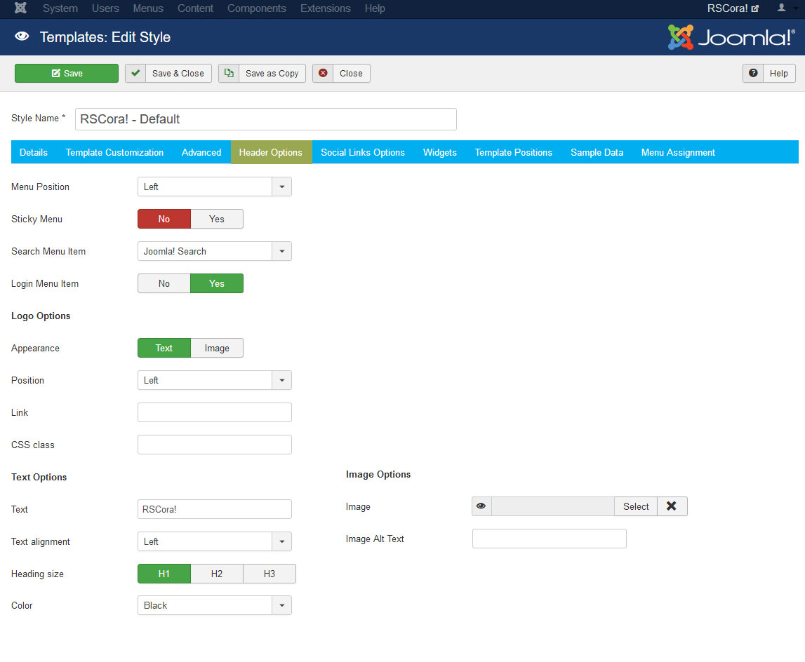 RSCora! Joomla! 3.x template Header Options Tab preview