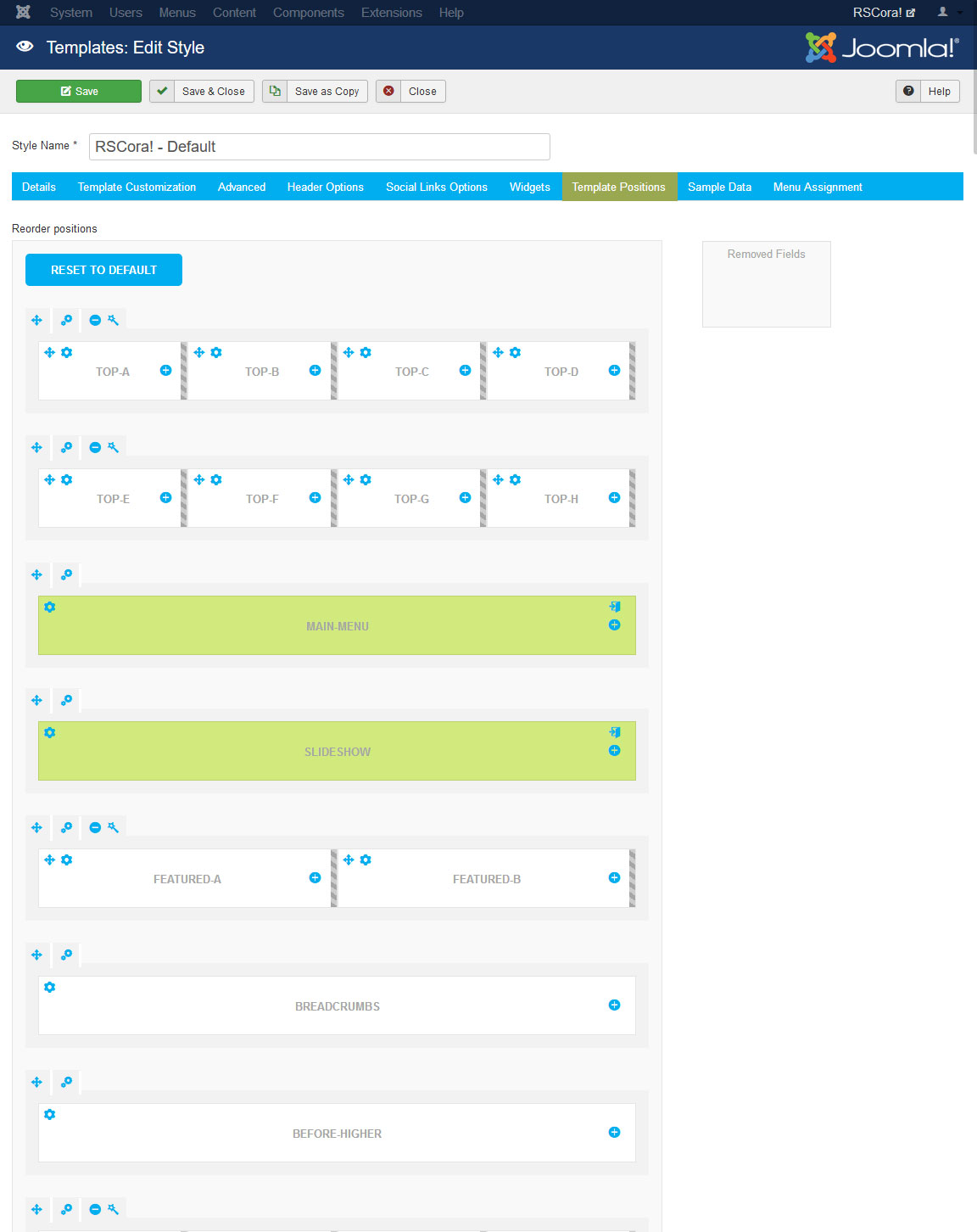 RSCora! Joomla! 3.x template Template Positions Tab preview