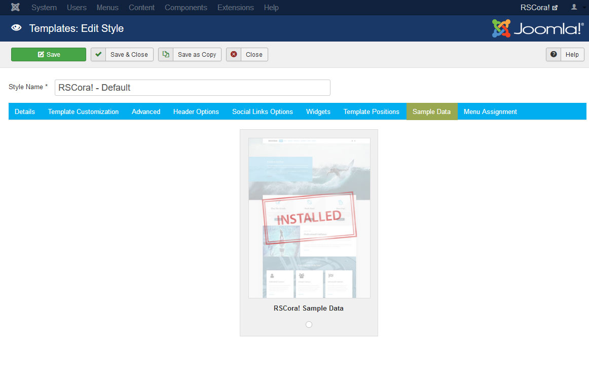 Installing RSCora! 3.x Joomla! Sample Data