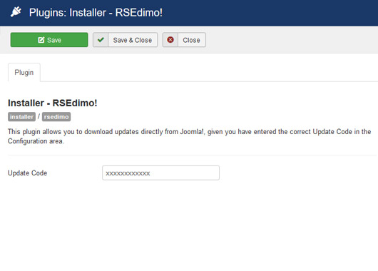 Insert your license code to Installer Plugin RSEdimo!