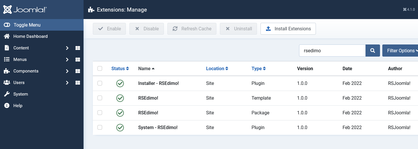 Uninstalling RSEdimo! - Select RSEdimo! Package and click uninstall