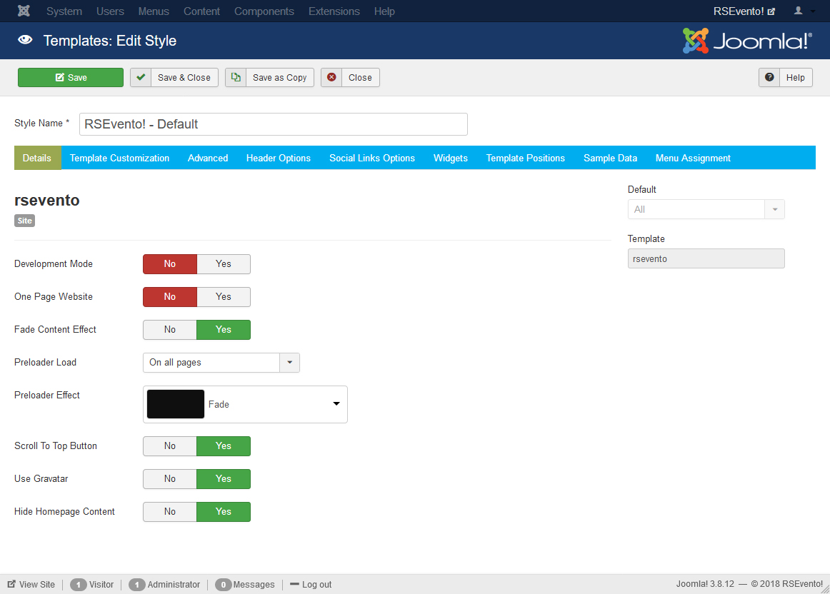 RSEvento! Joomla! 3.x template Details Tab preview