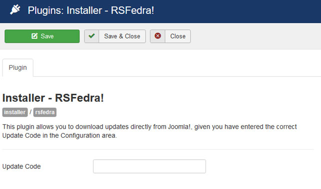 Insert your license code to Installer Plugin RSFedra!