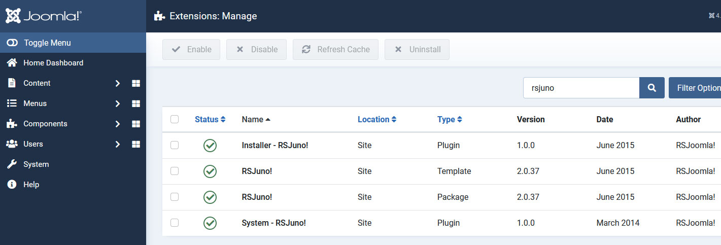 Uninstalling RSJuno! - Select RSJuno! Package and click uninstall