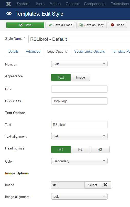 RSLibro! Joomla! 3.x template Logo Options Tab preview