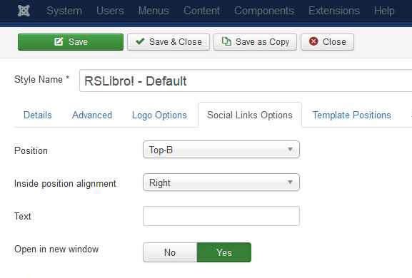 RSLibro! Joomla! 3.x template Social Links Options Tab preview