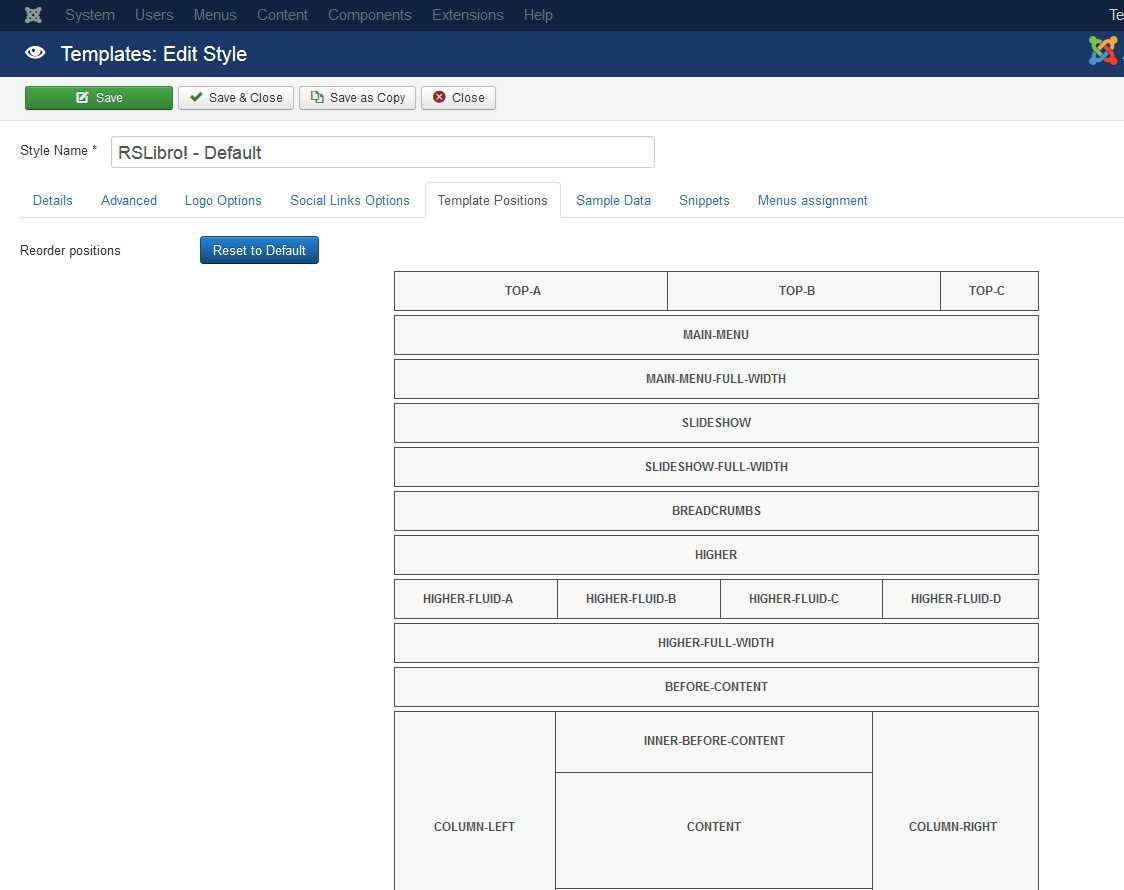RSLibro! Joomla! 3.x template Template Positions Tab preview