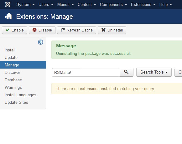 Uninstalling RSMalta! - Select RSMalta! Package and click uninstall