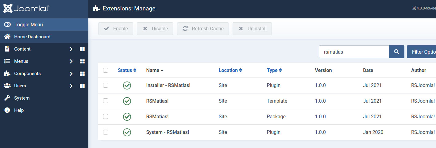 Uninstalling RSMatias! - Select RSMatias! Package and click uninstall