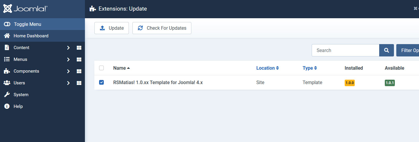 Select RSMatias! 1.0.xx Template for Joomla! 4 and Update