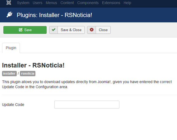 Insert your license code to Installer Plugin RSNoticia!