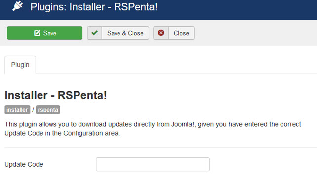Insert your license code to Installer Plugin RSPenta!
