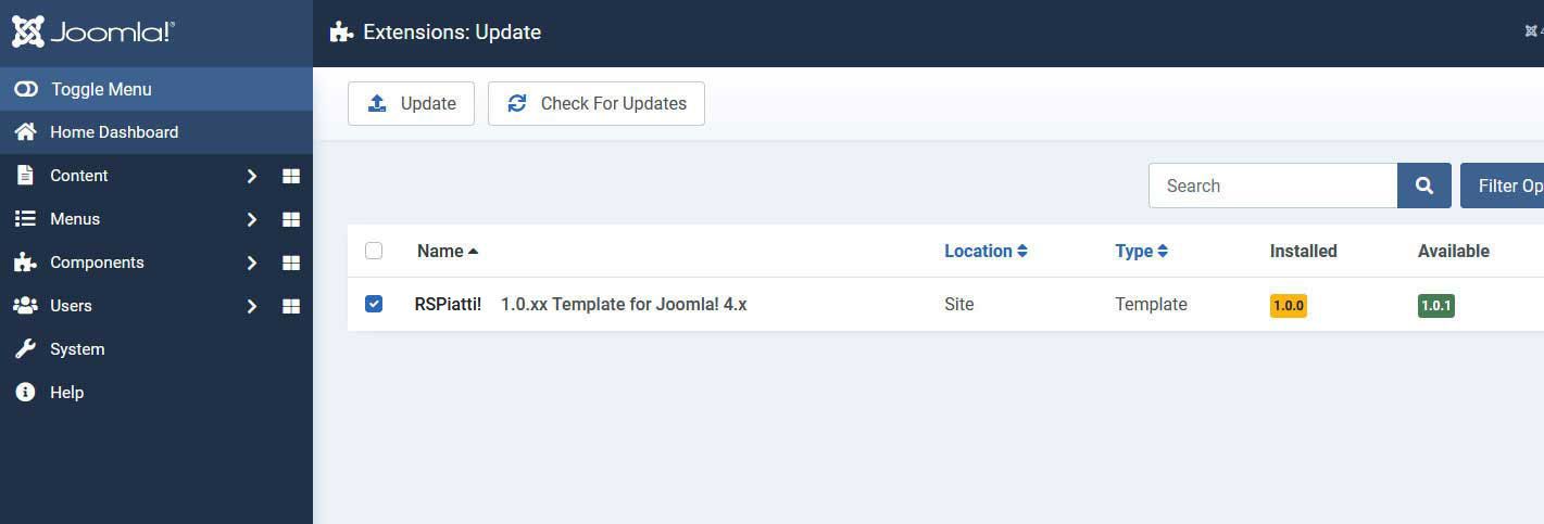 Select RSPiatti! 1.0.xx Template for Joomla! 3 and Update