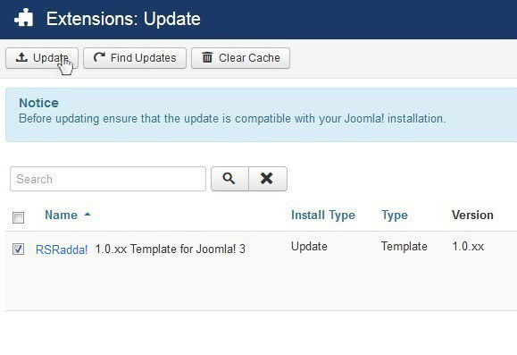 Select RSRadda! 1.0.xx Template for Joomla! 3 and Update