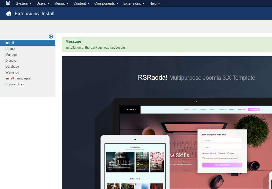 Installing RSRadda! 3.x Joomla! template Step 4