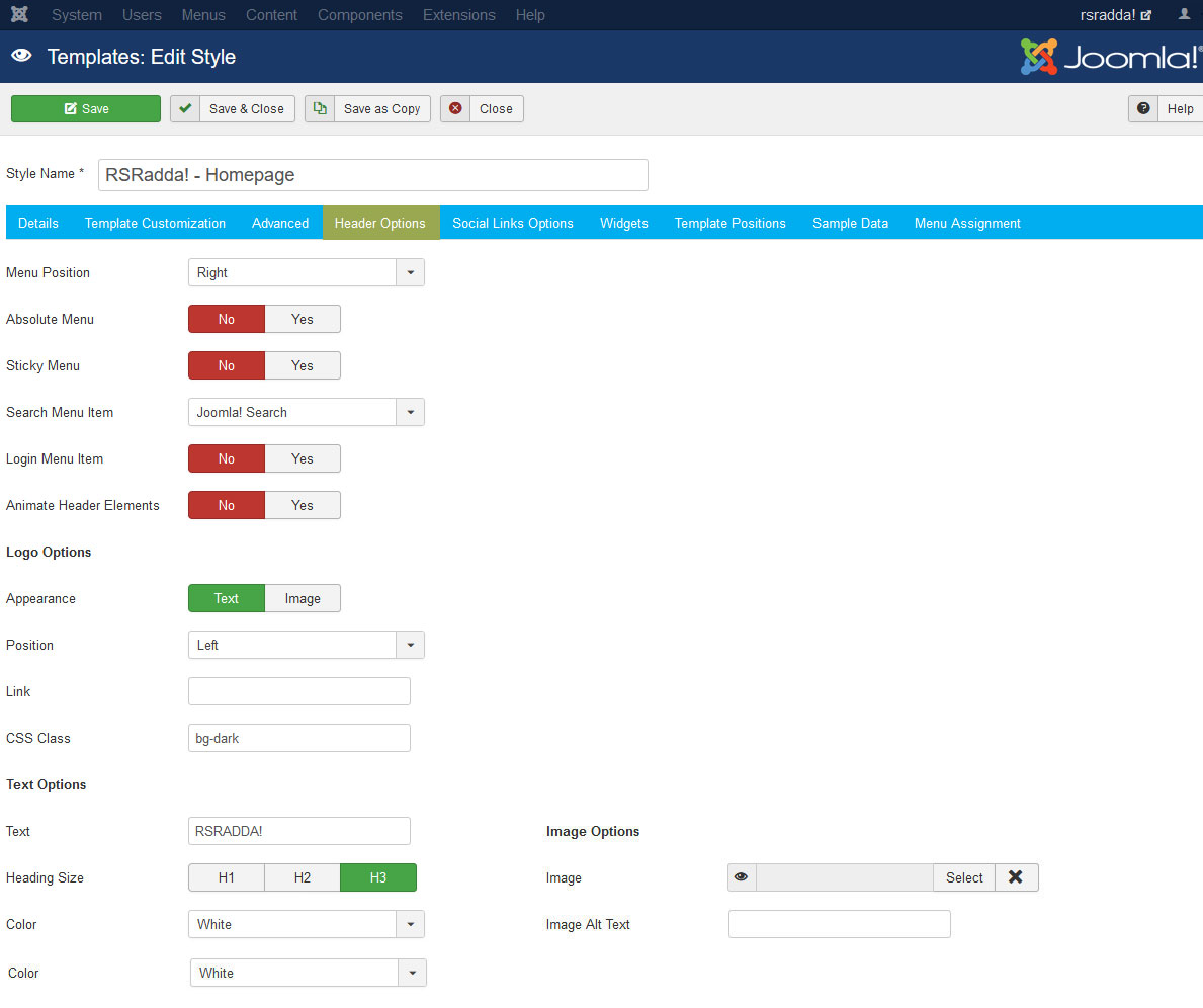 RSRadda! Joomla! 3.x template Header Options Tab preview