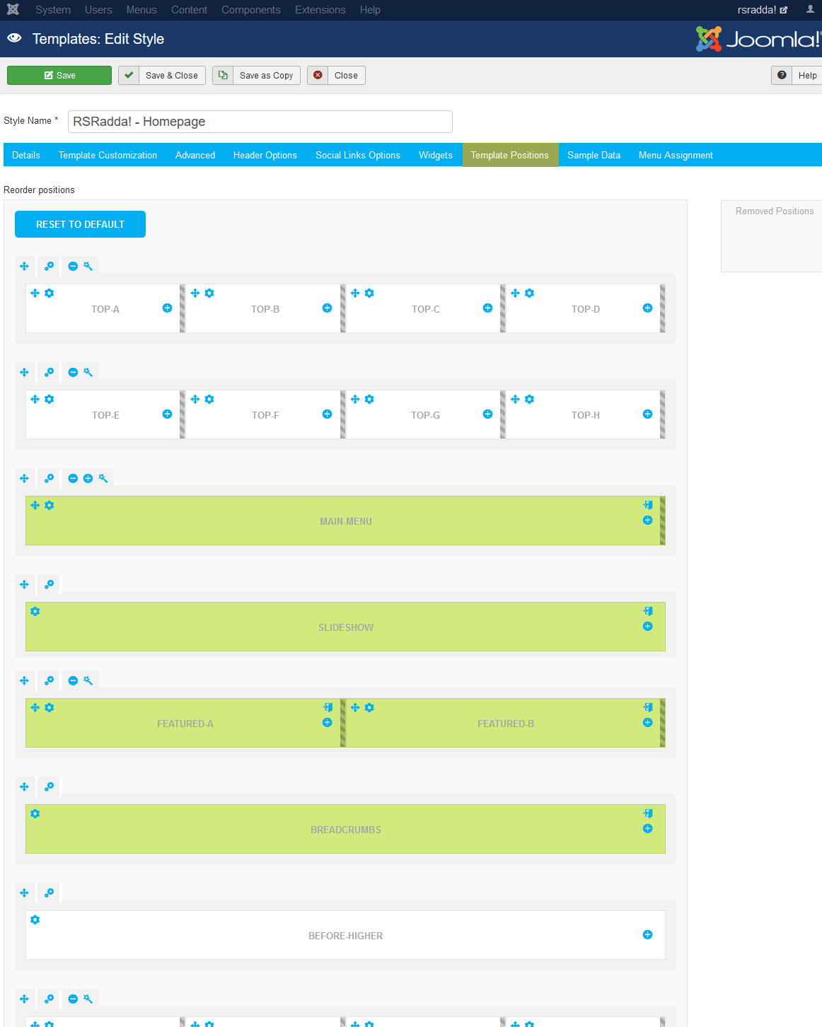 RSRadda! Joomla! 3.x template Template Positions Tab preview