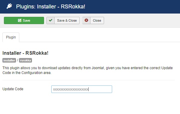 Insert your license code to Installer Plugin RSRokka!