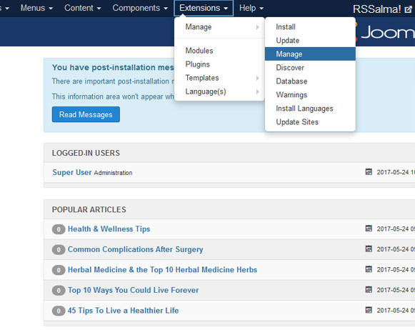 Uninstalling RSSalma! - Go to Extensions > Manage