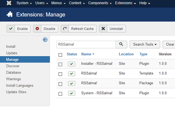 Uninstalling RSSalma! - Select RSSalma! Package and click uninstall