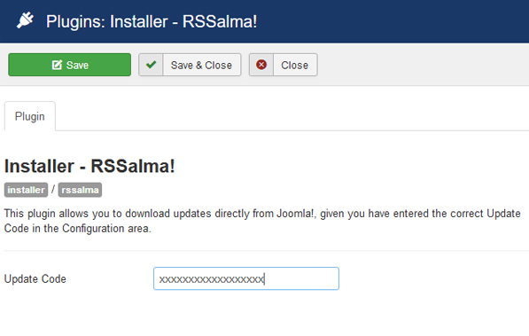 Insert your license code to Installer Plugin RSSalma!