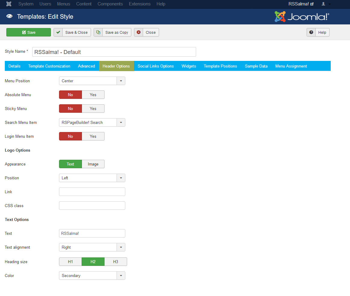 RSSalma! Joomla! 3.x template Header Options Tab preview