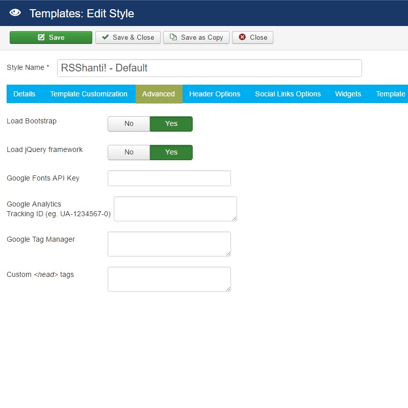 RSShanti! Joomla! 3.x template Logo Options Tab preview