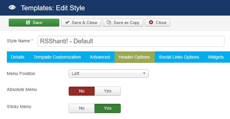 RSShanti! Joomla! 3.x template Header Options Tab preview