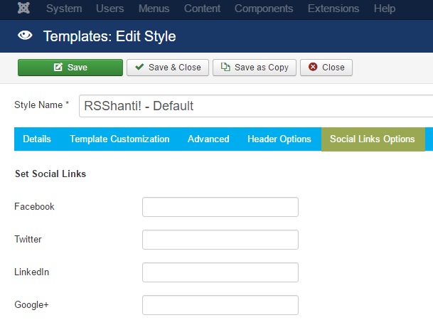 RSShanti! Joomla! 3.x template Social Links Options Tab preview