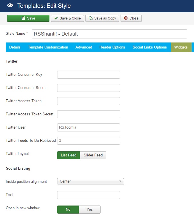 RSShanti! Joomla! 3.x template Widgets Tab preview